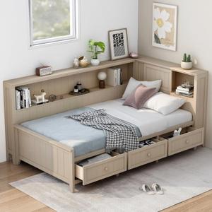 Ball & Cast Twin Size Wooden Storage DayBed, Modern Platfrom Bed-Frame with 3 Drawer & Shelves & Sliding Doors, L Shape Floor Bed w/Storages for Girls Boys Teens, No Box Spring Needed, Antique Beige