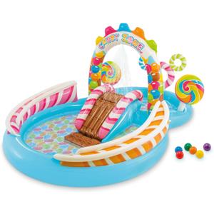 INTEX Candy Zone Inflatable Kiddie Pool: Inflatable Kids Pool with Water Sprayer and Slide  Splash Pad  116" x 75" x 51"  Ages 3+ (Multicolor)