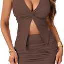 LYANER Women's Summer 2 Piece Outfits Halter Neck Twist Knot Crop Top with Mini Skirt Set