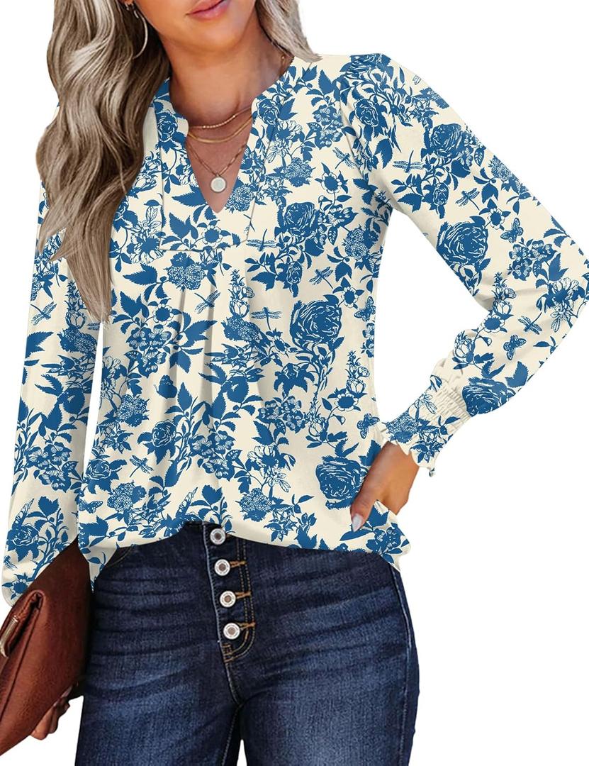 Womens V Neck Long Sleeve Blouses Tops 2025 Fall Fashion Ruffle Cuffs Dressy Casual T-Shirts (Large, Apricot Blue Floral)