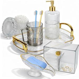 6 Pcs Bathroom Accessories Set, Clear Glass Bathroom Soap Dispenser Set with Toothbrush Cup, Vanity Tray, Cotton Swab Jar Makeup Cotton Jar, Bathroom Accessory Set Gifts for Women Home Apartment Decor
