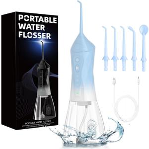 Water Dental Flosser Teeth Pick: Portable Cordless Oral Irrigator 320ML Rechargeable Travel Irrigation Cleaner with 5 Flossing Tips, IPX7 Waterproof Electric Flossing Machine for Teeth Cleaning (Blue)