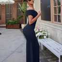 LAGSHIAN Women's Elegant Bodycon Off Shoulder Ruched Split Hem Long Formal Basic Evening Dress (Black, XL)