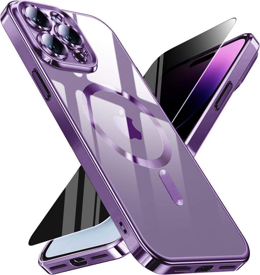 Magnetic for iPhone 14 Pro Max Case with Privacy Screen Protector & Full Camera Cover, [Non-Yellowing] Plating Glossy Soft Shockproof Clear Phone Case with MagSafe Women Girls for 14 ProMax, Dark Purple