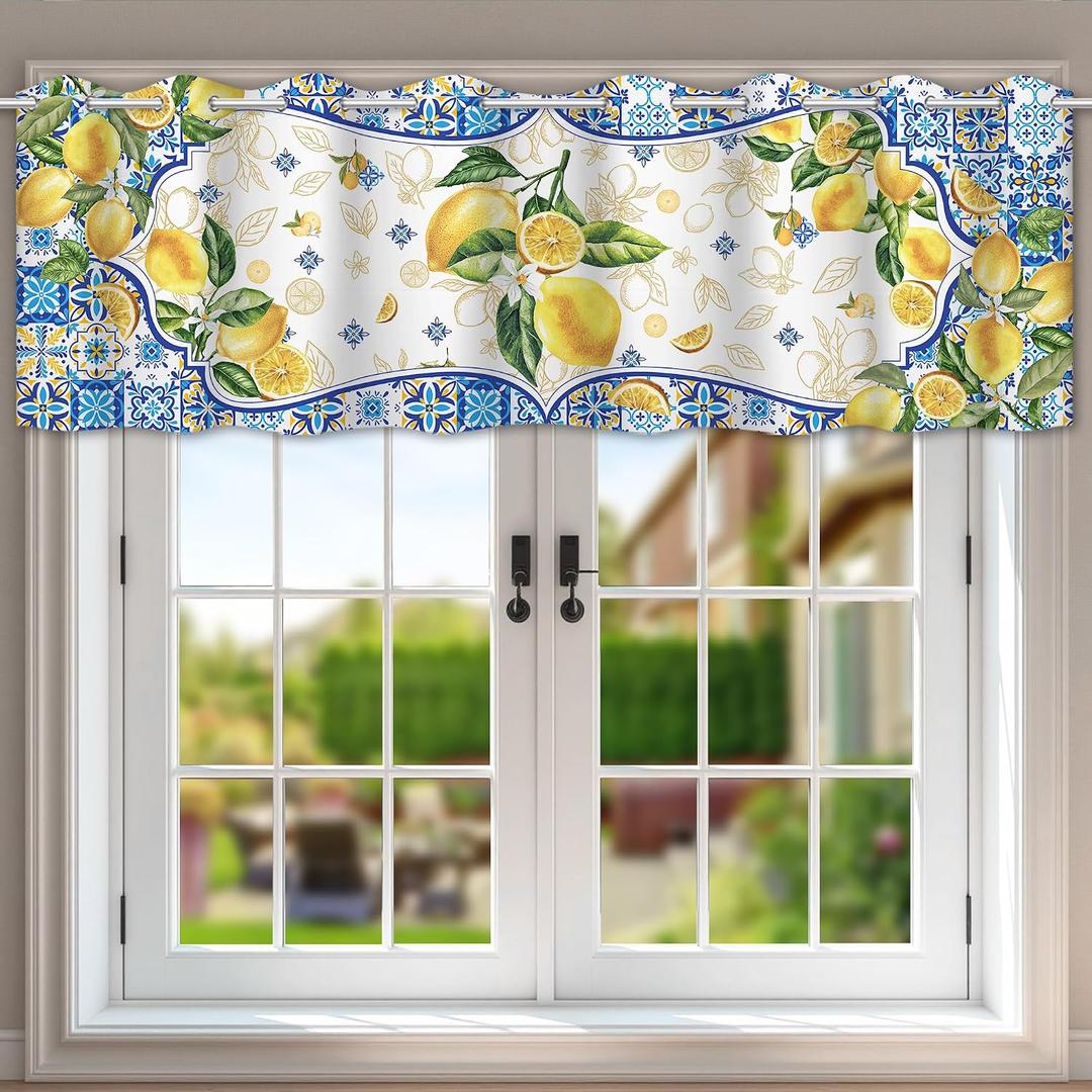 Lemon Kitchen Valance for Windows, Yellow and Blue Mediterranean Curtains Valances 54x18, Farmhouse Sunner Decorations for Home, Seasonal Sunshine Window Treatment Tiers
