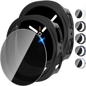 Tensea [5+5Pack for Samsung Galaxy Watch 8 Screen Protector Case 44mm Accessories, Hard PC Bumper/HD Anti-Fog Tempered Glass Protective Film, Face Cover Set, Galaxy Watch 8 Case for Women Men (Clear/Black/Black/Silver/Blue(black screen))