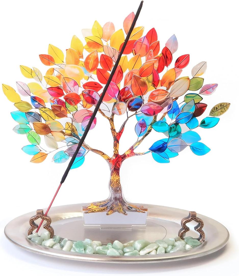 Incense Holder for Sticks with Flat Decorative Life Tree, 2D Life Tree Incense Burner with Ash Catcher for Meditation Yoga Spa Room Decor(Rainbow Color)