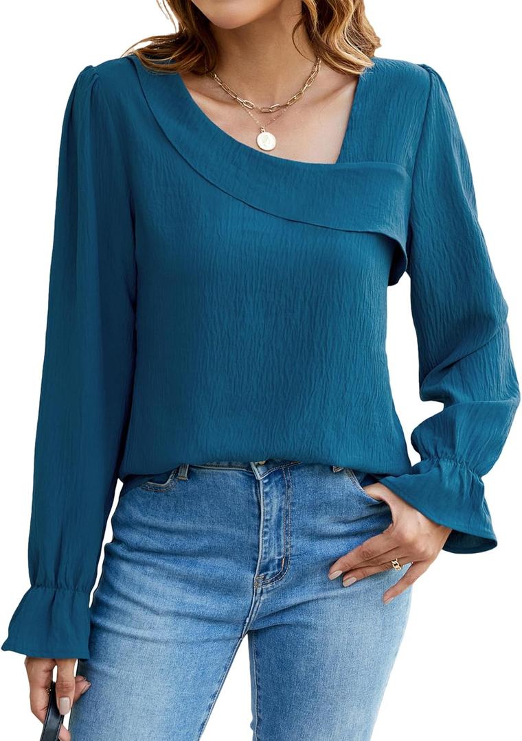 BMJL Womens Blouses Dressy Casual Asymmetrical Neck Long Sleeve Shirts Business Work Fall Tops (Medium, Dark Cyan)