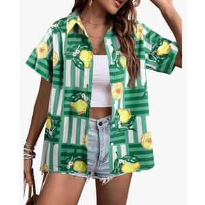 ALLTB Hawaiian Shirts for Women Tropical Floral Printed Hawaii Shirts Button Down V Neck Short Sleeve Blouses Tops