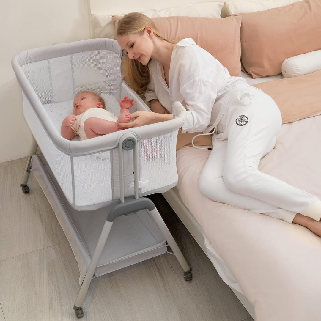ANGELBLISS Baby Bassinet Bedside Sleeper, Easy Folding Portable Bassinet for Baby with Wheels, Adjustable Height, Included Mattress (Beige), Crib