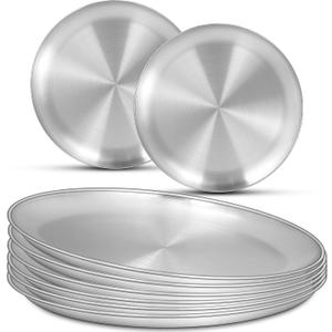 EWFEN 8 Pack Stainless Steel Plate Set, 10 Inch Metal Lightweight Unbreakable Dinner Dishes Plates Set, Round Camping Plates for Serving Dishes Dessert Salad, Non Toxic & Reusable, Dishwasher Safe