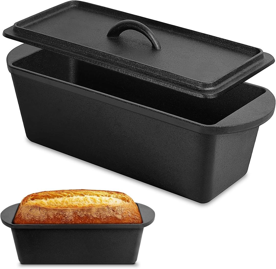 Cast Iron Bread Loaf Pan with Lid, 3.5QT, 13x5 inches, Black Nonstick Popover Pan for Sourdough and Homemade Bread, Mini Loaf Pans with Lids