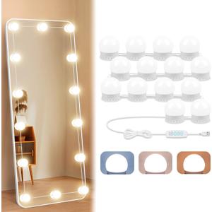 LED Vanity Lights for Mirror with 14 Dimmable Bulbs, Vanity Lights Stick on, 3000K 4000K 6500K & 10 Level Brightness Adjustable, USB Cable, Hollywood Mirror Lights for Makeup Dressing Room Bathroom