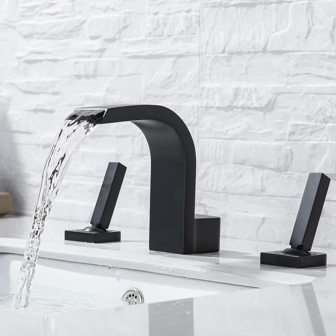 8 Inch Waterfall Bathroom Faucet for Sink 3 Hole Bathroom Sink Faucet Widespread Bathroom Vanity Faucets High Arc Basin Mixer Tap 2 Handle Lavatory Sink Faucet Set, Matte Black