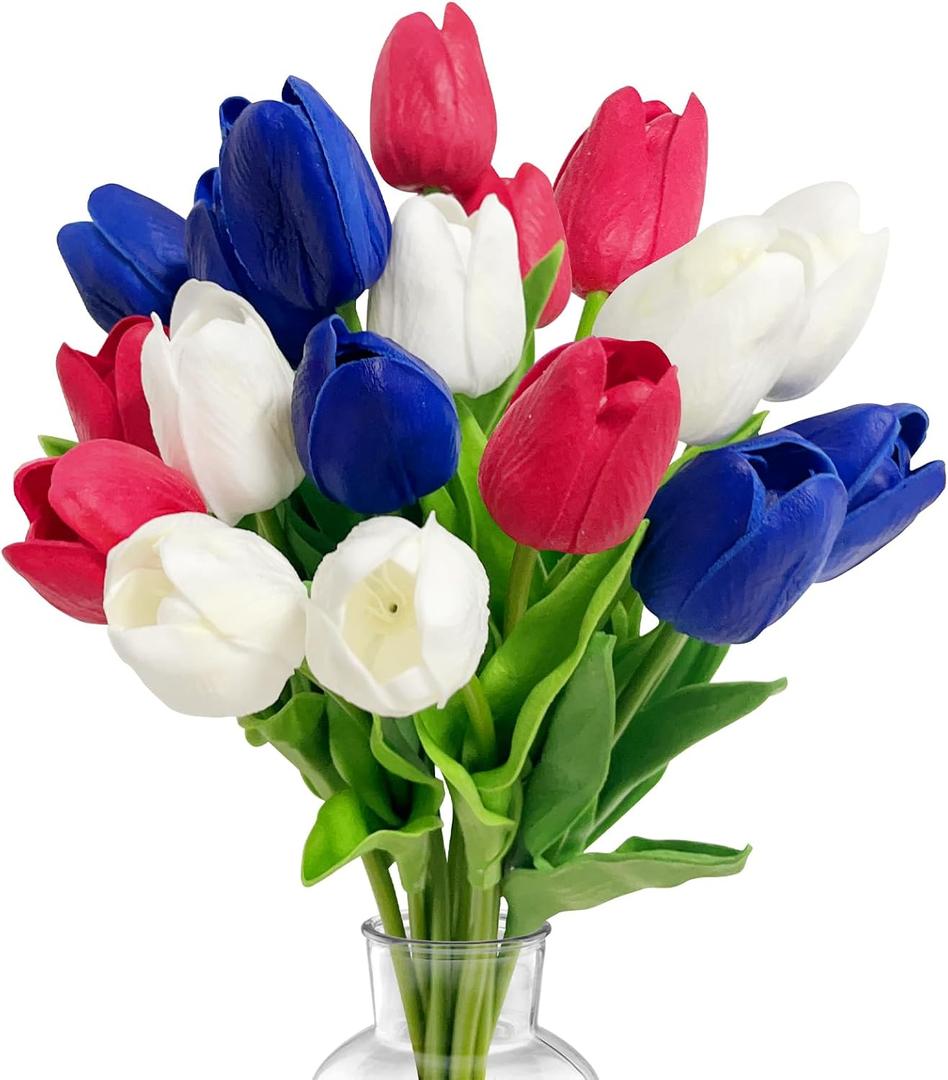 18 Pcs 13 Inches Artificial Tulip Flowers Bouquet, Red White Blue Faux Tulips with Green Leaves, Patriotic Flower Stems for Home Decor, 4th of July, Memorial Day, and Cemetery Grave Floral Arrangement