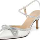 Susanny Women's Closed Toe Rhinstone Wedding Low Heel Slingback Clear Kitten Heels,Adjustable Strap Pointed Toe Bow Pumps High Heeled Prom Dress Shoes (7.5)