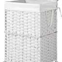 Chrislley 90L Slim Laundry Hamper with Wheels, Rolling Laundry Basket with Lid and Renovable Liner Bag, Handwoven Rattan Organizer for bedroom, bathroom, laundry room (White)