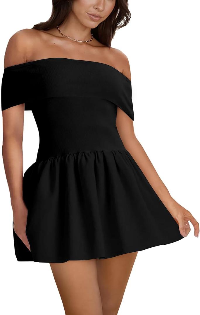 Women's Elegant Ribbed Off Shoulder Mini Dress Puffy Flowy Short Dresses Party Club Going Out (Black)