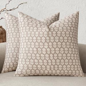 MIULEE Block Print Pillow Covers 20x20 Inch Set of 2, Vintage Floral Throw Pillow Cases Neutral Linen Farmhouse Cushion Covers for Couch Sofa Bed Chair Living Room, Cream Oatmeal