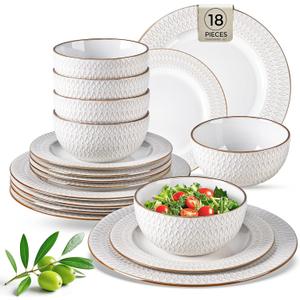 GBHOME Ceramic Dinnerware Sets,18 pcs Embossed Elegant Stoneware Plates and Bowls Sets, Housewarming Wedding Gift | Dishwasher & Microwave Safe | Dishes Set Service for 6