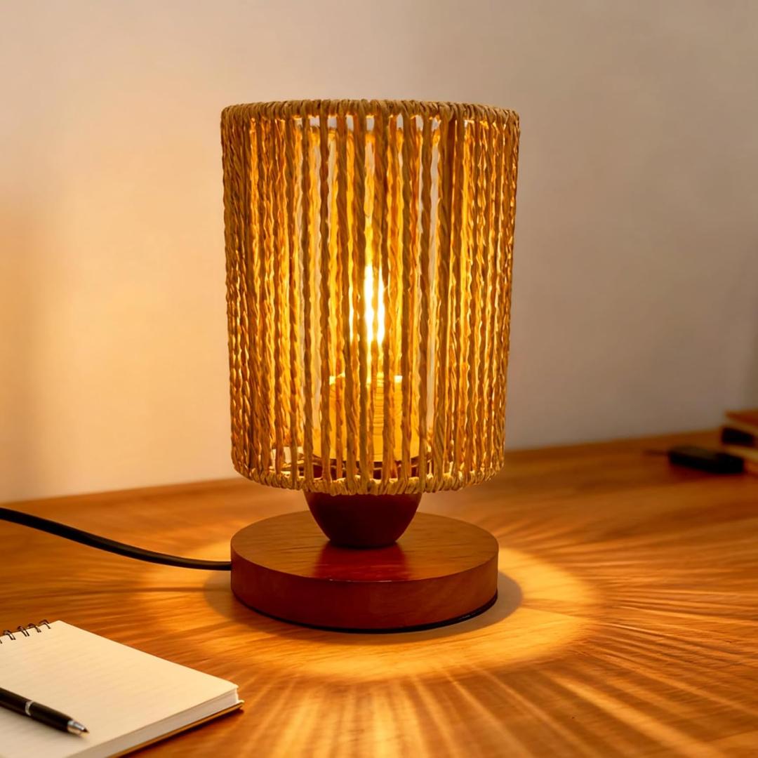 Rattan Table Lamp,Boho Small Beside Lamp,Mini Farmhouse Table Lamp for Room Decor,Vintage Wicker Wooden Nightstand Bamboo Woven End Table Lamps for Living Room Bedroom Desk Kids Room,LED Bulb Included