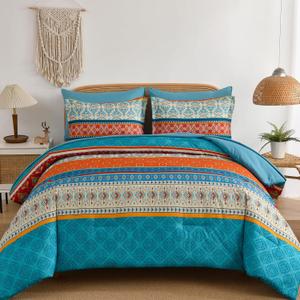 Comforter Set King Size Boho,7 Pieces Bohemian Bedding Comforter Set Striped Bed in a Bag,Teal Paisley Floral Comfortet and Sheet Set,Soft Microfiber Bedding Sets for All Season