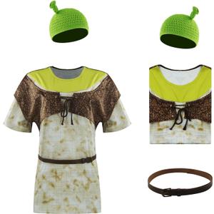 Ogre Costume Shirt Vest Animated Comedy Movie Cosplay Sublimation Shirt Adult Knitted Hat with Ears Accessory Props (XX-Large, Off-white)