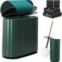 XLHOMO Small Bathroom Trash Can with Press Type Lid, Toilet Brush and Holder Set,Slim Dark Green Bathroom Garbage Can, Slim Narrow Trash Bin 2.6 Gallon Garbage Bin, 75Counts Trash Bags