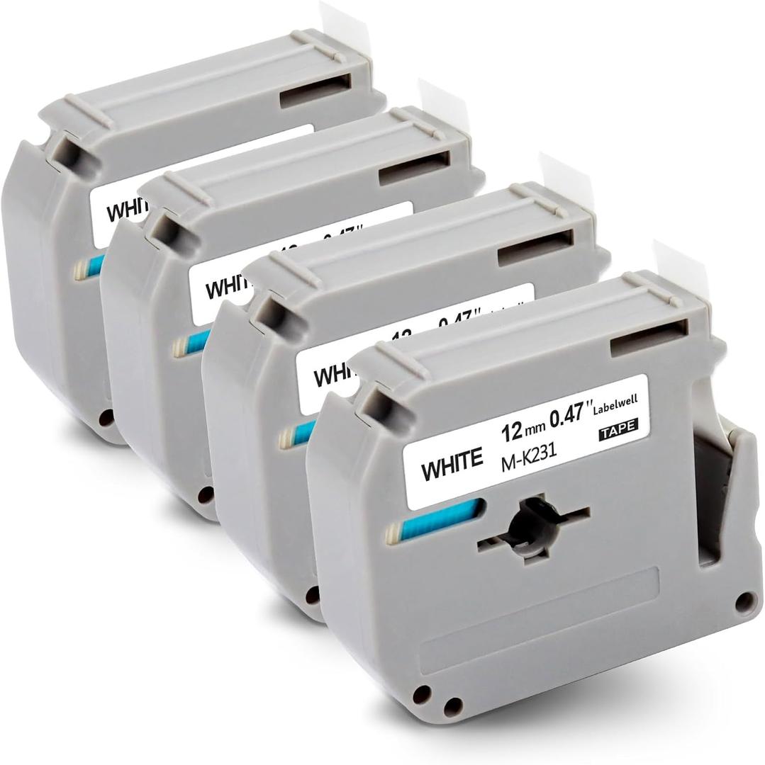M-K231 Tape Replacement for M-K231s Brother Label Tape 12mm 0.47 Inch MK231 M231 MK231s Work with PTouch PT-M95 PTM95 PT-65 PT-45 PT-70BM PT-80 Label Maker (4-Pack, Black on White)