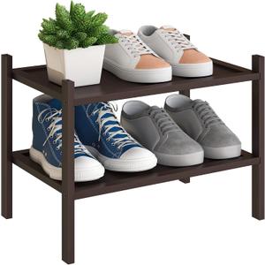BMOSU 2-Tier Bamboo Small Shoe Rack Premium Stackable Shoe Shelf Storage Organizer for Hallway Closet Living Room Entryway Organizer(Brown)