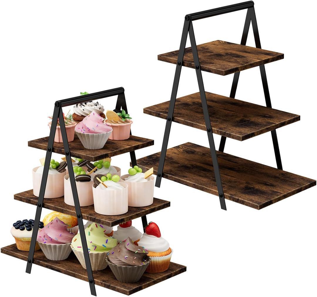 2 Pack Wooden Cupcake Stand 3 Tier Dessert Display Holder Rustic Cupcake Tower Stands for 50 Cupcakes, Rectangle Tiered Cake Serving Tray for Birthday Party, Wedding, Anniversary
