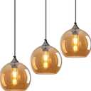 Amber Glass Pendant Lights Kitchen Island Lighting Globe Pendant Light Fixtures Modern Pendant Lighting for Bedroom Living Dining Room Light Fixture (7.87 in, 3 Pack)