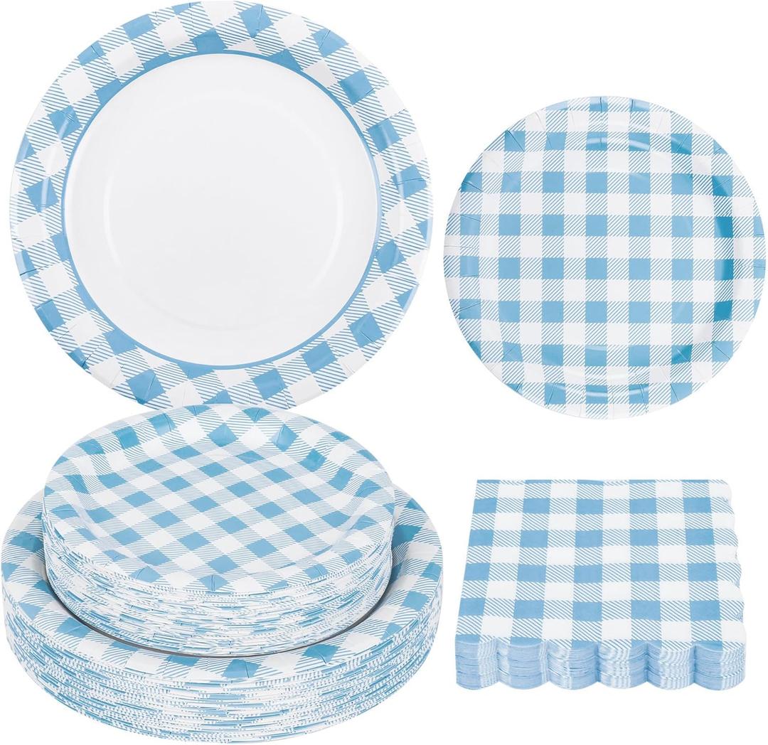 150Pcs Light Blue Gingham Party Supplies Blue Gingham Paper Plates and Napkins Blue Plaid Plates Disposable Blue and White Plaid Party Decor for Baby Shower Family Picnic BBQ,Serves 50 Guests