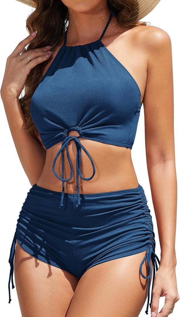 Women High Waisted Shorts Bikini Sets Tummy Control Swimsuit Two Piece Halter Drawstring Bathing Suit (Large, Dark Blue)