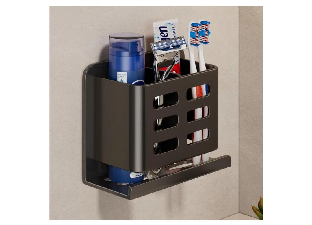 Black Wall-Mounted Toothbrush Holder, Aluminum Material Shower Shaver Storage Rack, No Drilling Required, Removable Toothpaste Storage Rack