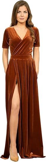 YMSHA Women's Short Sleeve Velvet Prom Dress Long 2025 V Neck A Line Side Slit Formal Evening Gowns (8, B-rusty Orange)