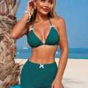 ZAFUL Peacock Blue Women's Bikini Shorts Sets Bow Halter Triangle Bikini Two Piece Bathing Suit Shorts Textured Boyshort Swimsuits for Vacation XL