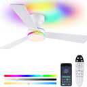 Asyko Ceiling Fans with Lights, 46 Inch Low Profile Ceiling Fan with Light and Remote Control, Reversible, RGB Dimmable, Quiet, White Ceiling Fan for Bedroom Indoor/Outdoor Use
