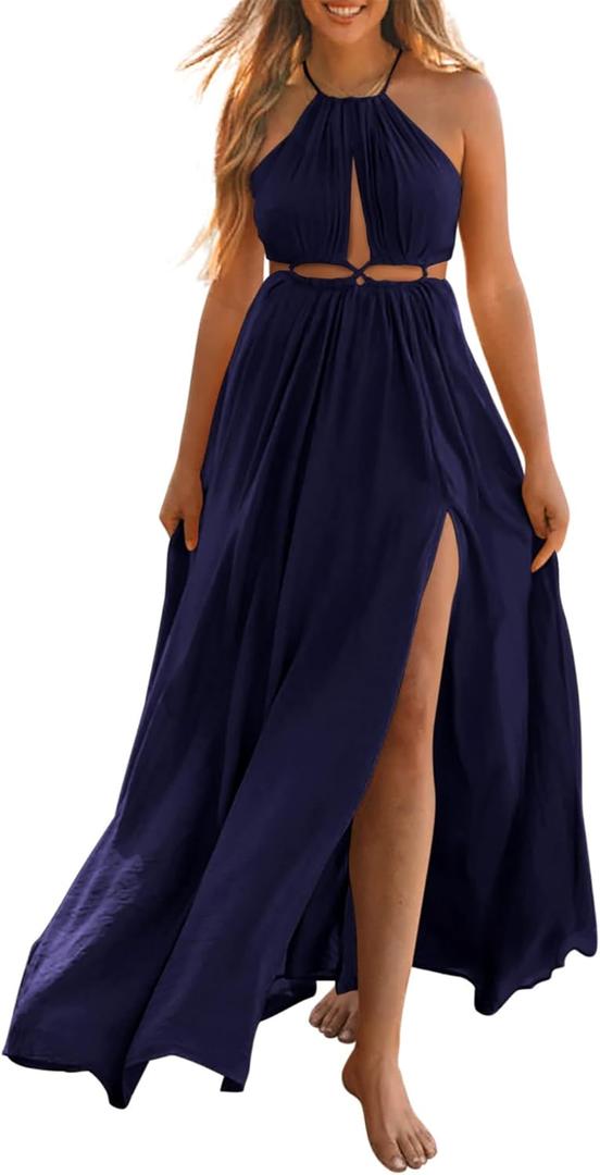 BTFBM Women Halter Summer Dresses 2025 Sleeveless Cutout Backless Sundress Slit Boho Casual Maxi Wedding Beach Dress (L, Navy)