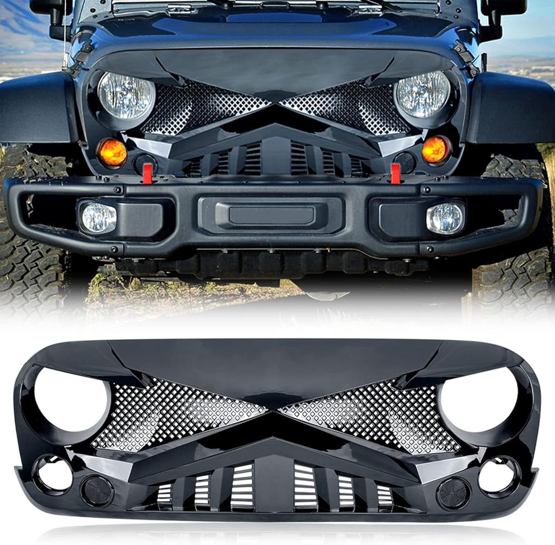 AMERICAN MODIFIED Front Replacement Grille Compatible with Jeep Wrangler JK JKU 2007-2018, Glossy Black