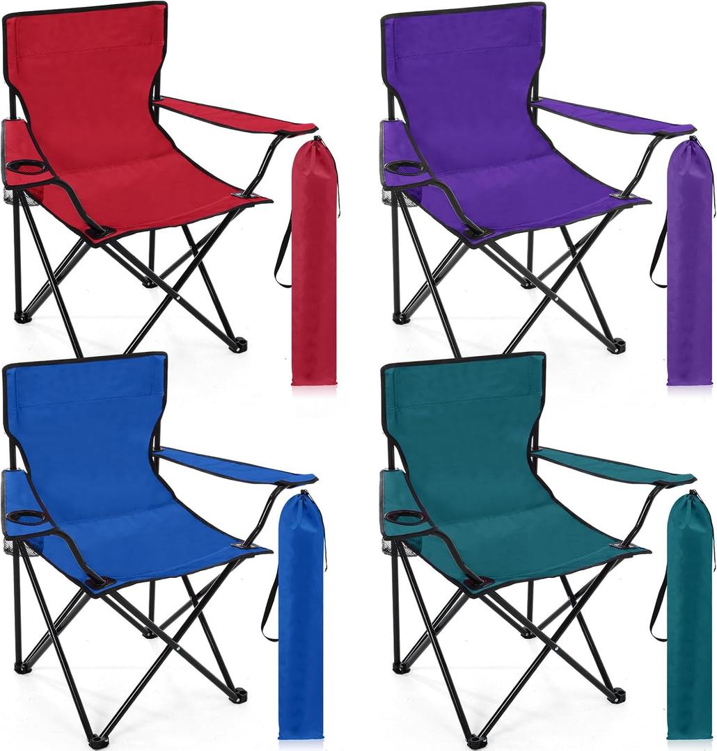 4 Pcs Folding Camping Chairs with Cupholder and Carry Bag Regular Size Portable Lightweight Lawn Chair with Mesh Side Pocket for Fishing Hiking Picnic Beach Outdoor Party (Chic)