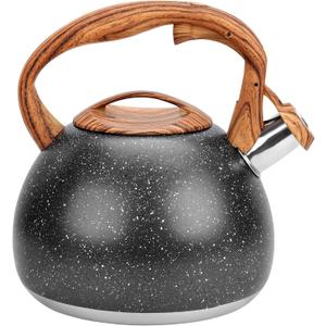 Whistling Tea Kettle Stovetop, Tea Pots for Stove Top Food Grade Stainless Steel with Wood Pattern Handle, 3.2Quart (Black)