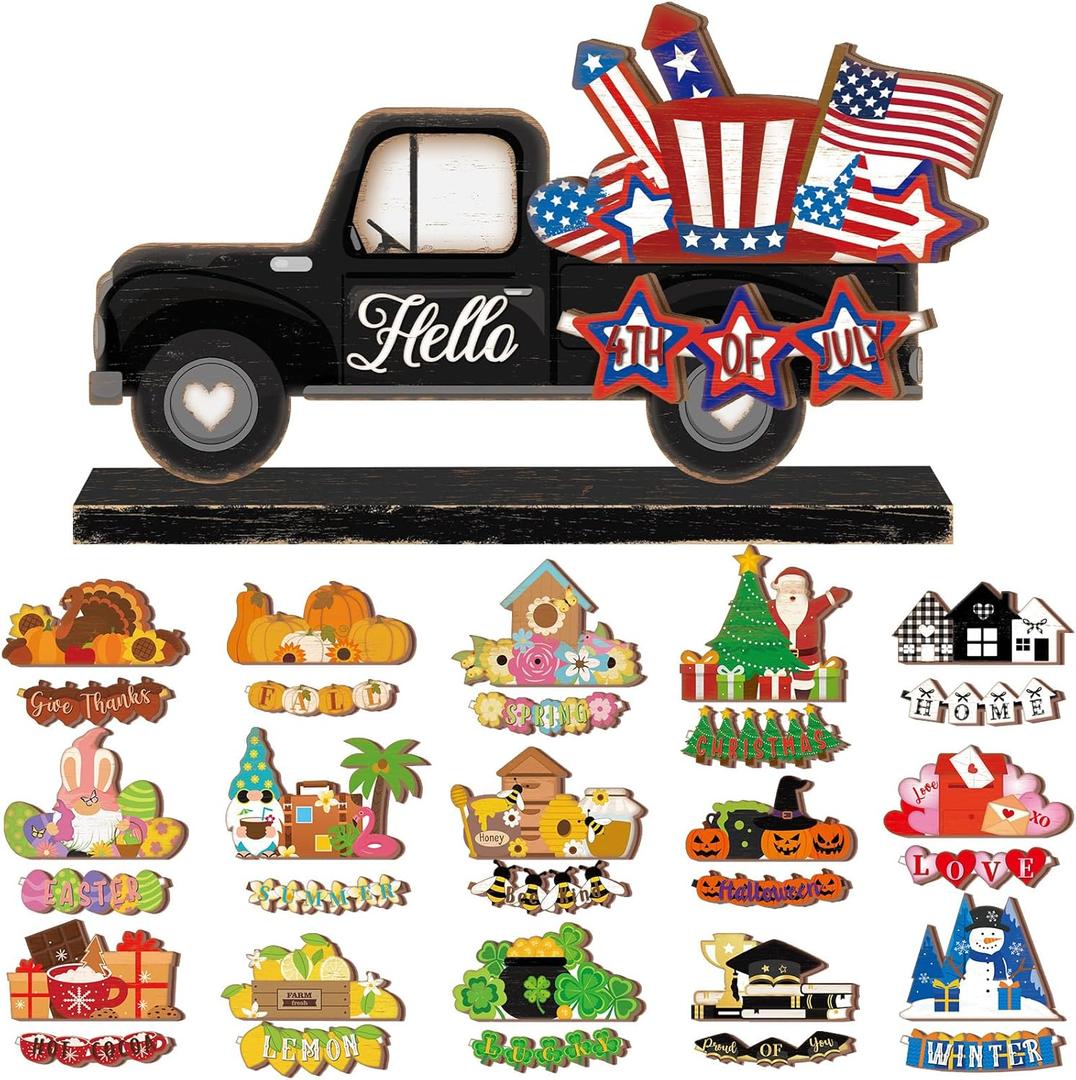 34 Pcs Small Interchangeable Patriotic Truck Decor 4th of July Table Centerpiece Holiday Seasonal Sign Farmhouse Wood Home Office Desk Accessories Memorial Day Tiered Tray Decorations Gift