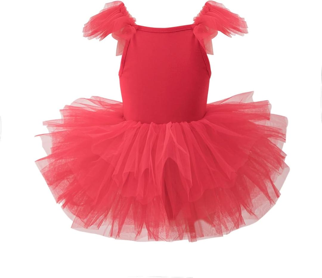Girls Dance Tutu Dresses Ruffle Sleeve Snap Crotch Ballet Leotards Red 5-6 Years