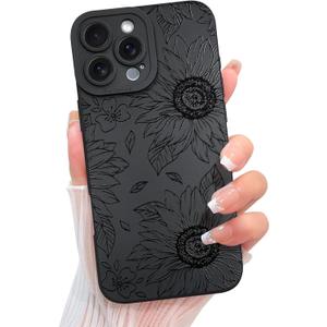KANGHAR for iPhone 16 Pro Case Cute Sunflowers Bloom Design with Floral Pattern, Slim Fit Soft TPU Shockproof Protective Cover for Women Girls - Black Flowers