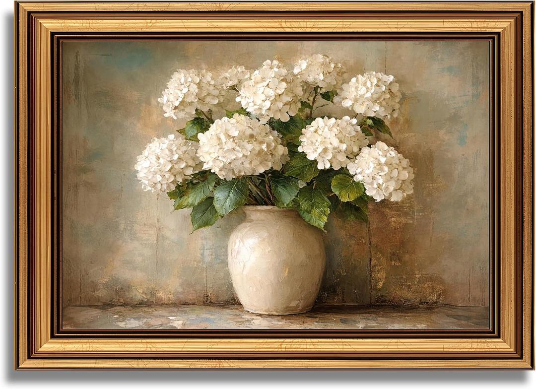 vineolect White Hydrangea Gold Framed Wall Art Vintage Floral Painting Floral Wall Art Cottagecore Nature Picture Shelf Decor Aesthetic Artwork Wall Decor for Living Room Bedroom Kitchen Bathroom 16''x24''
