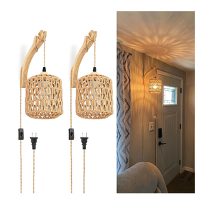 Frideko Plug in Wall Sconces Set of Two Hand Woven Lamp with Cord Rattan Lights Farmhouse Sconce Mounted Light Boho Lighting for Bedroom Living Room