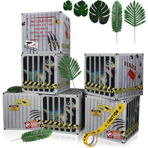 27 Pcs Dinosaur Party Decorations Include 6 Dinosaur Theme Paper Boxes 20 Tropical Artificial Plants with 1 Warning Tape