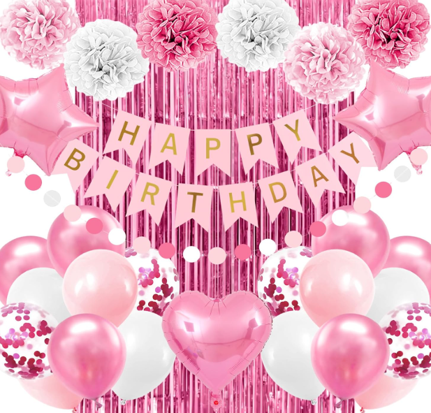 Pink Birthday Party Decorations for Girls Women Happy Birthday Banner Light Pink and White Balloons party decor Pom pom Flower Confetti Ribbons Foil Fringe Curtain