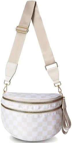 Crossbody Bags for Women Large Crossbody Bag Valentine Gift Checkered Bum Bag Fanny Pack Mom Bag Travel Purse Nylon (Beige)